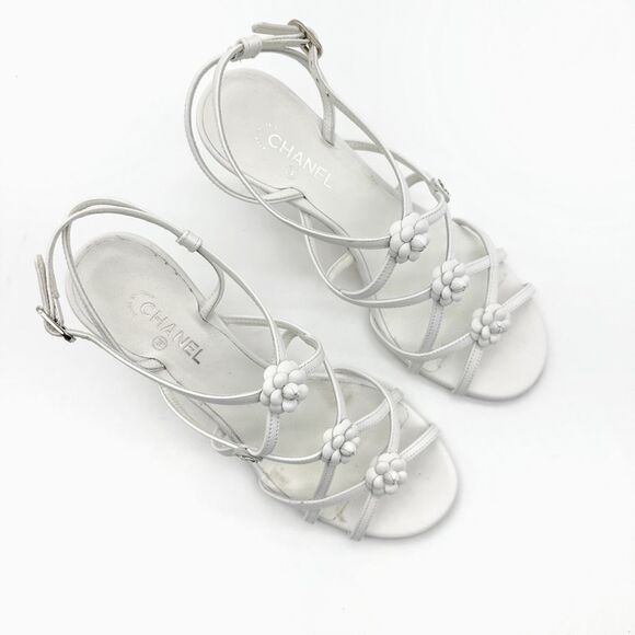 CHANEL 2023 Camellia Interlocking CC Logo White Heels Size 37 Sandals Strappy - Picture 5 of 12